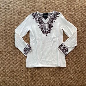 Cynthia Rowley embroidered tunic style sweater size small white and brown cotton